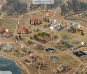 Vue aérienne d'une ville dans *Les Sims 4* avec maisons et points d'intérêt.