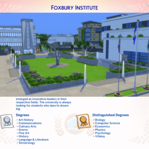Institut Foxbury dans *Les Sims 4* : campus et programmes universitaires.