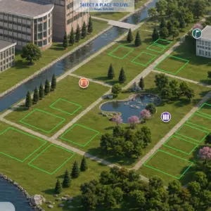 Capture d’écran : choix de maison dans *Les Sims 4* avec fonds disponibles.