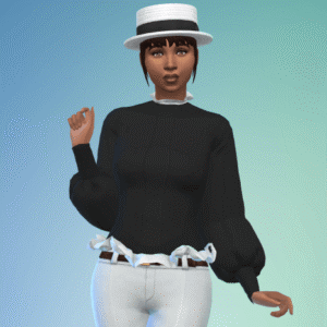 Personnage Sims 4 en tenue noire et blanc, chapeau marin