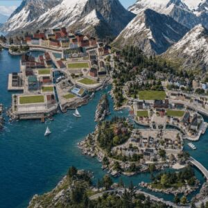 Village alpin du jeu *Les Sims 4* près d’un lac et montagnes enneigées