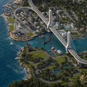 Vue aérienne d'un pont et ville dans *Les Sims 4*, style architectural moderne.
