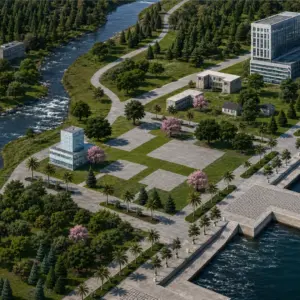 Vue aérienne d'un quartier futuriste dans *Les Sims 4* près d'une rivière