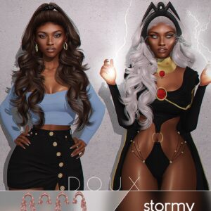 Deux avatars Sims 4, Stormy, coiffures et tenues variées