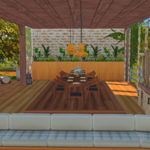 Pavillon de jardin dans *Les Sims 4* avec salon et table à manger