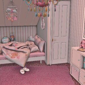 Chambre d'enfant du jeu *Les Sims 4*, style pastel et décoratif