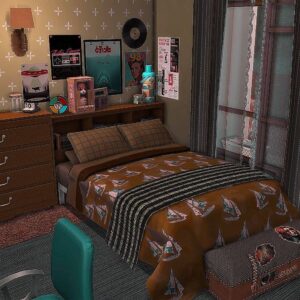Chambre rétro style années 80 dans *Les Sims 4* avec lit, bureau et décor vintage.
