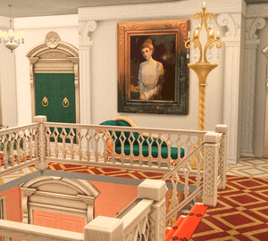 Salle élégante du jeu *Les Sims 4* avec balcons et portrait.