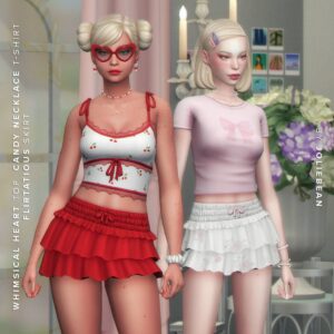 Deux avatars Sims 4 en tenues printanieres, robe courte à cerises et robe pastel