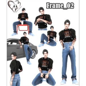 Personnages Sims 4 en tenues noires et jeans stylisés, poses variées
