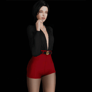 Personnage féminin du jeu Les Sims 4 en tenue noire et rouge