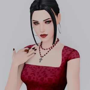 Personnage féminin stylisé de The Sims 4 en robe élégante rouge.