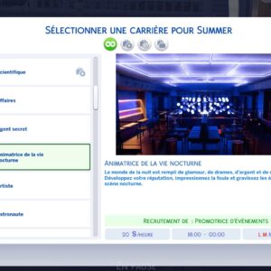 Sélection carrière animatrice de vie nocturne dans *Les Sims 4* : club illuminé et description métier.