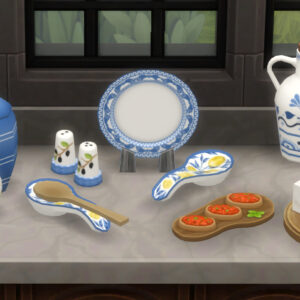 Assiette décorative et ustensiles de cuisine Sims 4 style bleu et blanc
