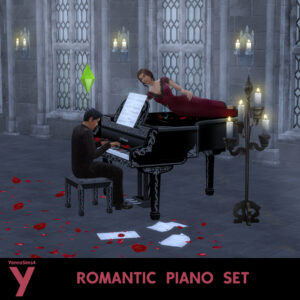Ensemble romantique au piano dans *Les Sims 4* avec pétales de roses