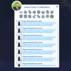 Maison des Fées déguisée en tronc d'arbre dans *Les Sims 4*