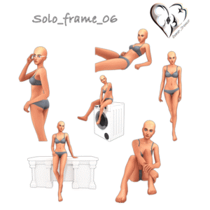 Personnages du jeu Sims 4 en différentes poses, maillot et bikini.