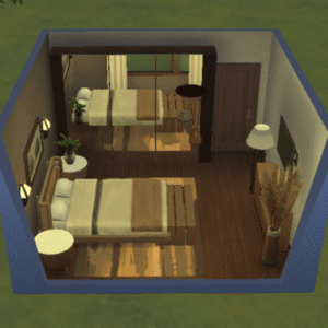 Chambre des Sims 4 avec deux lits et miroir.