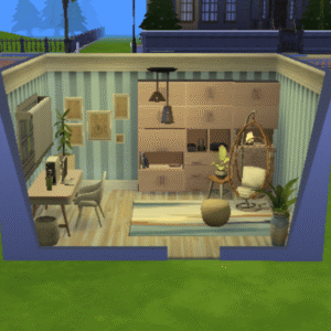 Intérieur de salon et cuisine dans *Les Sims 4* avec meubles stylisés