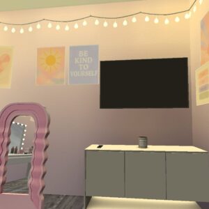 Chambre virtuelle *Les Sims 4* avec miroir rose et décorations murales