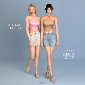 Deux mannequins Sims 4 portant robe halter et jupe en jean côtier