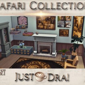 Salon thématique safari dans *Les Sims 4* avec décor vintage et éléments africains.