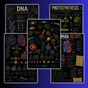 Poster éducatif style Sims 4 : ADN, photosynthèse, cœur humain et science