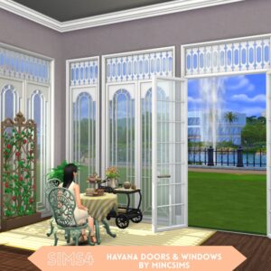 Salle à manger Sims 4 avec portes et fenêtres style havana, décoré avec une vue extérieure verdoyante