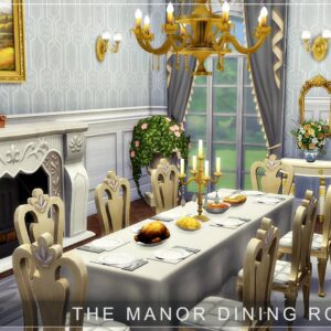 Salle à manger élégante de manoir dans *Les Sims 4* avec table dressée