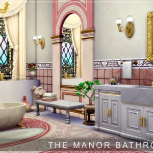 Salle de bain luxueuse du manoir dans *Les Sims 4* avec baignoire, vasque et décor élégant