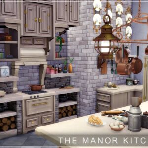 Cuisine élégante de manoir dans *Les Sims 4* avec ustensiles et décor vintage