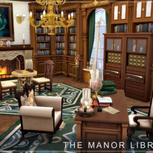 Bibliothèque élégante du manoir dans *Les Sims 4* avec cheminée et livres.
