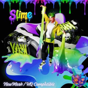 Personnage Sims 4 avec tenue Slime, accessoires et fond coloré