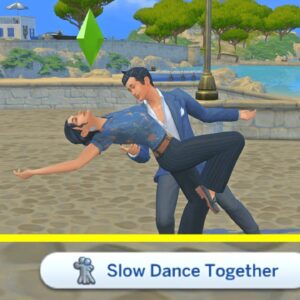 Deux Sims dansant lentement ensemble dans *Les Sims 4* près de l'eau
