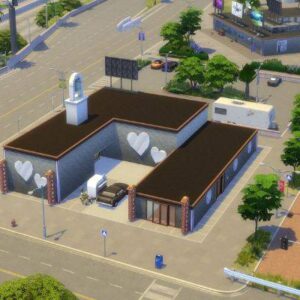 Bâtiment personnalisé dans *Les Sims 4* avec cœurs sur le toit