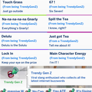Mèmes du jeu Les Sims 4 sur la tendance Gen Z avec expressions et traductions.