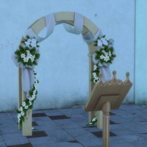 Arc décoratif funéraire dans *Les Sims 4*, avec fleurs et livre d'or.