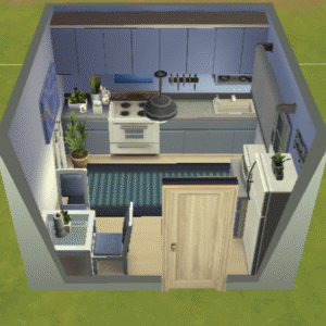Cuisine moderne du jeu Les Sims 4 avec plans de travail et électroménagers