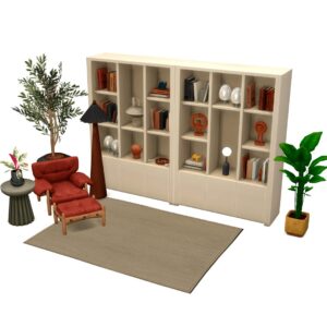 Salon moderne du jeu *Les Sims 4* avec meubles et plantes