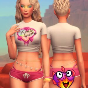 Personnage Sims 4 en haut de maillot 'Girl’s Girl' et shorty 'Tan Lines' avec motifs colorés.
