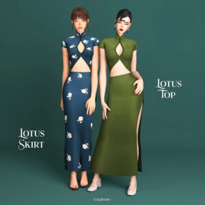 Robes Lotus pour Sims 4 : haut et jupe séparés, bleu floral et vert foncé