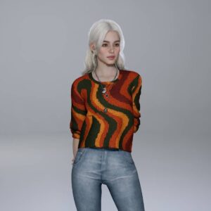 Jeune femme aux cheveux blancs, Sims 4, pull coloré, jeans gris