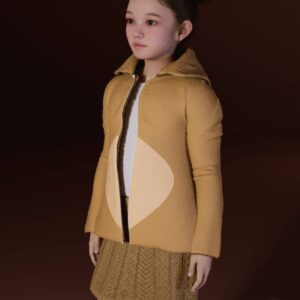 Mannequin du jeu Sims 4 en veste beige et jupe à motifs