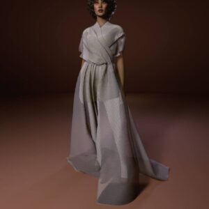 Robe longue style Sims 4 sur fond rouge foncé