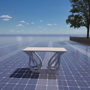 Table de jeu dans *Les Sims 4* près de l'eau sous un ciel dégagé