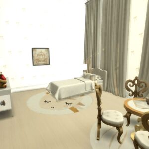 Chambre élégante du jeu *Les Sims 4* avec lit, miroir et décoration vintage