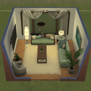Salon virtuel du jeu *Les Sims 4* avec canapés et décoration.