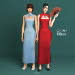 Robe Qipao bleue et rouge, style Sims 4, avec accessoires traditionnels