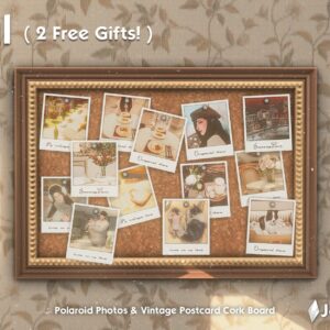 Tableau en liège avec photos Polaroid et cartes postales vintage pour *Les Sims 4* - Petal.
