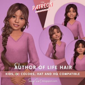 Coiffure enfant Sims 4, cheveux 'Author of Life', couleurs multiples